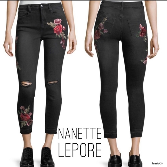 Nanette Lepore Denim - 289 NANETTE LEPORE Embroidered Black Denim Broadway Crop Jeans sz 6 Women's